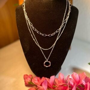 Women’s Hip-Hop Geometric Layered Necklace, Silver Tone